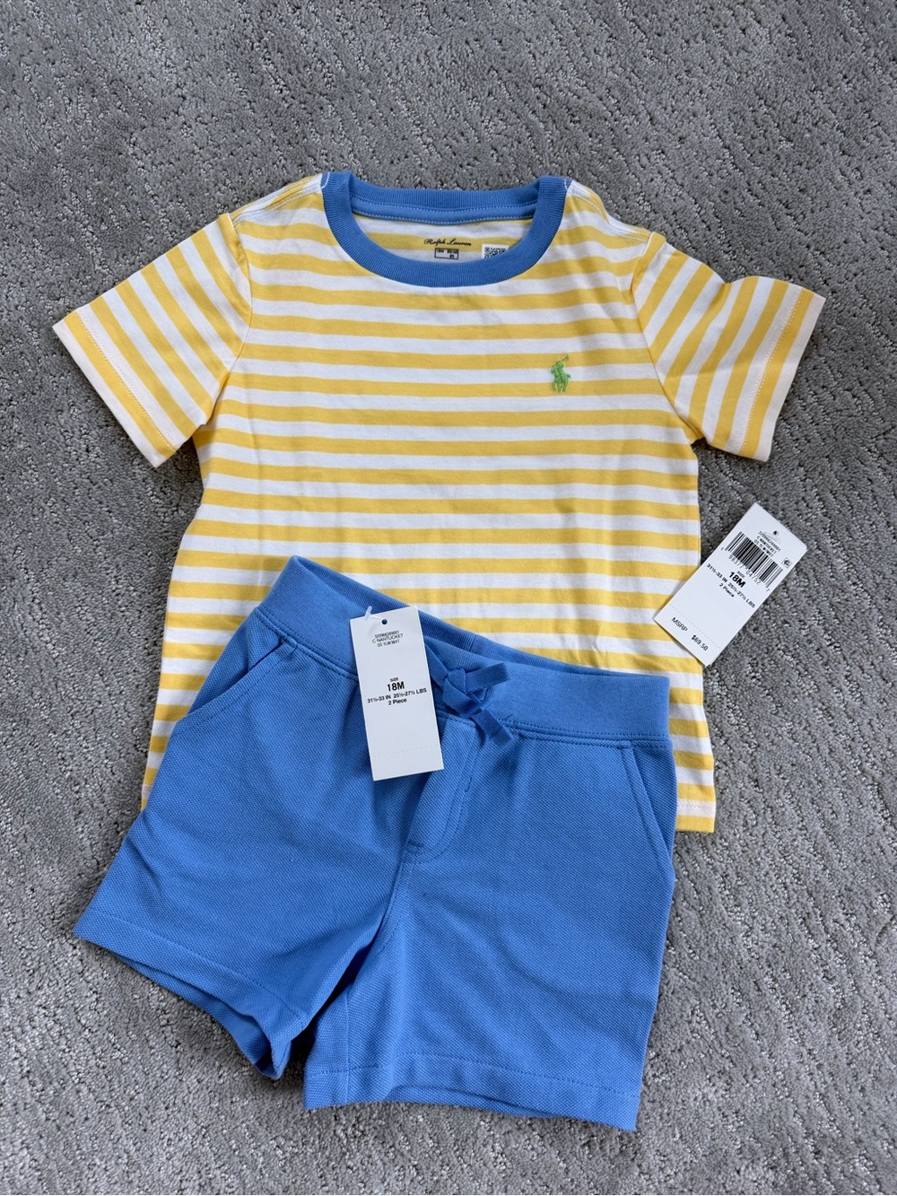 Ralph Lauren Yellow & Blue Stripe Tee with Blue Shorts - Kids Set